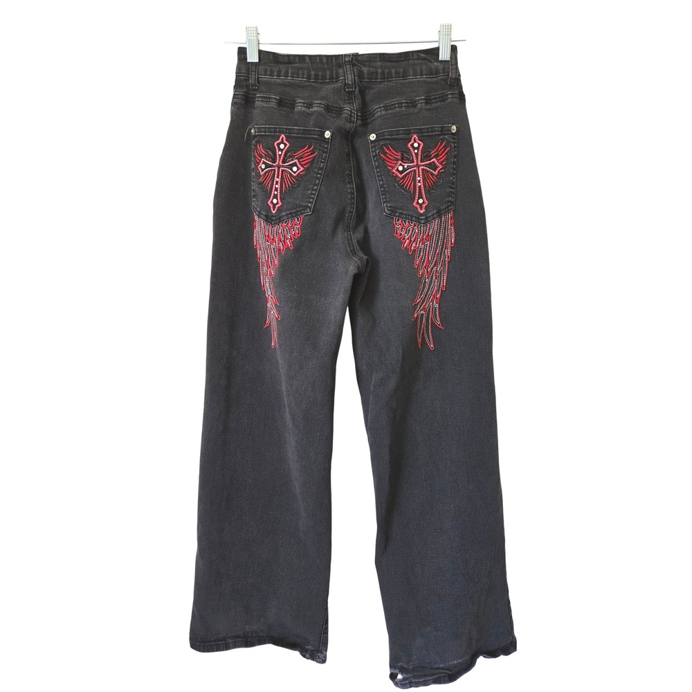 Y2K Hot Topic Womens 5 Jeans Black Rhinestone Cross Wings Embroidery Grunge
